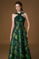 Emerald Green A-Line Gown – Taffeta Floral Jacquard Crystal Tie for women, from IHF ATELIER, The Viet Concept 