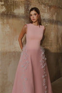 L' SCARLETT • Pink 3D Crystal Floral Flared Midi Dress