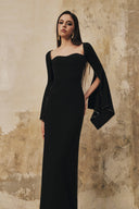 L' SCARLETT • Long Flared-Sleeve Crystal-Beaded Crepe Maxi Dress