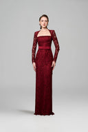 Crimson Trapeze Neck Crystal-Embellished French Lace Column Gown for women, from IHF ATELIER, The Viet Concept 