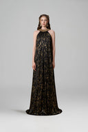 Round Neck A-line Gown With Crystal Collar In Black Metallic Striped Chiffon for women, from IHF ATELIER, The Viet Concept 