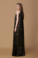 Round Neck A-line Gown With Crystal Collar In Black Metallic Striped Chiffon for women, from IHF ATELIER, The Viet Concept 