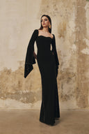 L' SCARLETT • Long Flared-Sleeve Crystal-Beaded Crepe Maxi Dress
