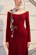 TRACY COUTURE • Sheer Shoulder 3D Crystal Embellished Flap Velvet Gown