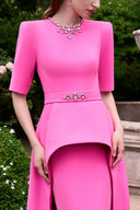 Pink Crystal Embellished Column Evening Gown Mullet Peplum Sleeves for women from IHF ATELIER, The Viet Concept
