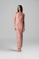 Rosé Pearl Embellished Mesh Lace Midi Dress for women, from IHF STUDIO, The Viet Concept 