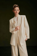 VONTIER DE MONTIER • Tailored Textured Pleated Silk Kate Straight-Leg Trousers in Cream Beige