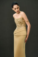 EEGEN STUDIO • Beige Beaded Fringe Column Dress with Draped Hip