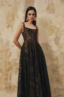 L' SCARLETT • Flared Crystal-Beaded Glitter Lace U-Neck Maxi Dress