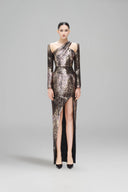 Sublunar Copper Brocade Asymmetrical Dress for women, from SORAMAME, The Viet Concept