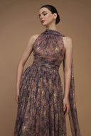 Bottle Neck Purple Tie-Dye Metallic Chiffon A-Line Gown Ruffle Train for women, from IHF ATELIER, The Viet Concept 