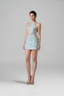 Aurelia Crystal Floral Lace Mini Dress in Aqua for women, from 21SIX, The Viet Concept
