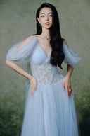 Orchidée Baby Blue Tulle Corset Midi Dress for women, from LINH PHUNG, The Viet Concept