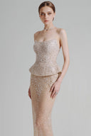 DO LONG • Nude Strapless Crystal Embellished Peplum Gown