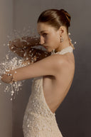 HA THANH VIET • Crystal Embellished Sequin Knit Chiffon-Inspired Evening Dress