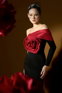 Noir Asymmetric Draped Rose Crepe Evening Gown for women, from IHF ATELIER, The Viet Concept 