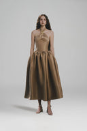 The Wood Moon Brooch Taffeta A-Line Midi Dress for women, from LINH PHUNG, The Viet Concept
