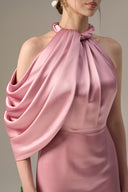 Pink Satin Silk Asymmetric Pleated Halter Gown for women, from IHF ATELIER, The Viet Concept