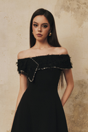 L' SCARLETT • Crystal Draped Off-Shoulder Flared Midi Dress