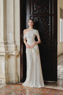 LARMES • Anne White Draped Evening Gown