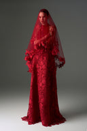 IHF STUDIO • Red Floral Lace Embellished Tulle Veil