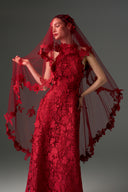 IHF STUDIO • Red Floral Lace Embellished Tulle Veil