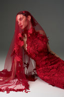 IHF STUDIO • Red Floral Lace Embellished Tulle Veil