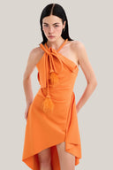 Close on Apricot Asymmetric Halter Midi Dress for women, from MUST HAVE, The Viet Concept 