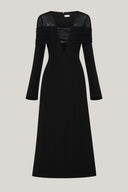 Close on Black Jream Sheath Long Sleeved Satin Crepe Midi Dress for women, from LECIA, The Viet Concept1