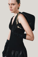 Close on Black Lacey Bodycon V-Neck Satin Crepe Top for women, from LECIA, The Viet Concept 