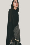 Close on  Black Maren Asymmetric See-Through Chiffon Cape, Grey Kirea Straight Wide Leg Tweed Floor Length Pants for women, from LECIA, The Viet Concept
