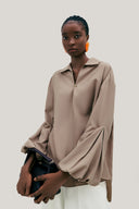 Close on Brown Chamomile Straight Collared Neck Poplin High-low Shirt for women, from LECIA, The Viet Concept