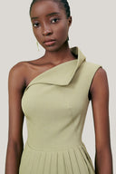 Close on Olive Crossandra A-line Waist Pleated Twill Midi Dress for women, from LECIA, The Viet Concept