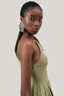 Close on Olive Crossandra A-line Waist Pleated Twill Midi Dress for women, from LECIA, The Viet Concept 2