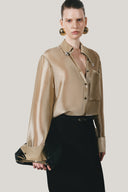 Close on Olive Pristy Straight Cuff Sleeved Organza Satin Shirt for women, from LECIA, The Viet Concept