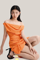 Close on Pumpkin Off-shoulder Draped Mini Dress for women, from MUST HAVE, The Viet Concept 