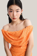 Close on Pumpkin Off-shoulder Draped Mini Dress for women, from MUST HAVE, The Viet Concept1