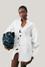 Close on White Shameplant Asymmetric Cuff Sleeved Linen Shirt for women, from LECIA, The Viet Concept