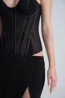 Close of Black Mesh Corset Off Shoulder Midi Split Dress from LASSY, The Viet Concept