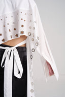 Close up on silver ring detailts of White Blackless Shirt, from CAOSTU, The Viet Concept