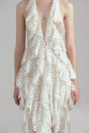 Close of Santorini Halter V Neck Ruffle Ruched Maxi Dress In Cream for women, from LASSY, The Viet Concept