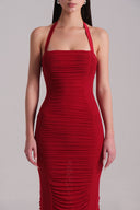 Close of Red Tulle Halter Midi Dress With Ruched Draping, from LASSY, The Viet Concept