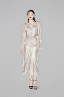 Front of Beige Ruffle Midi Skirt, Beige Ruffle Long Seelve Shirt,  Skirt Cream Laced Tank Top & Cream Floral Belt for women, form MUST HAVE, The Viet Concept