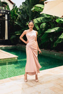 DO LONG • Beige Off-Shoulder Open-Back Silk Maxi Dress