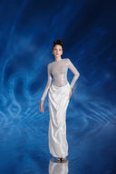 DO LONG • Ivory Sheer Long-Sleeve Draped Column Gown