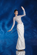 DO LONG • Ivory Sheer Long-Sleeve Draped Column Gown