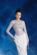 DO LONG • Ivory Sheer Long-Sleeve Draped Column Gown