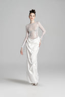 DO LONG • Ivory Sheer Long-Sleeve Draped Column Gown