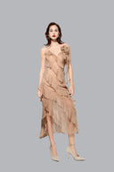 Front of Beige Chiffon Ruffle Midi Dress for women, from MUST HAVE, The Viet Concept