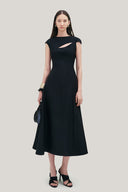 Front of Black Hollyhock A-line Cut-Out Crepe Midi Dress for women, from LECIA, The Viet Concept